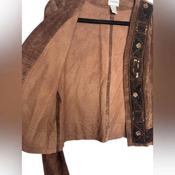 Suede Leather Jacket Beaded Womens Brown Open Front Sequins Chico's Size 0 (S) - Picture 6 of 12